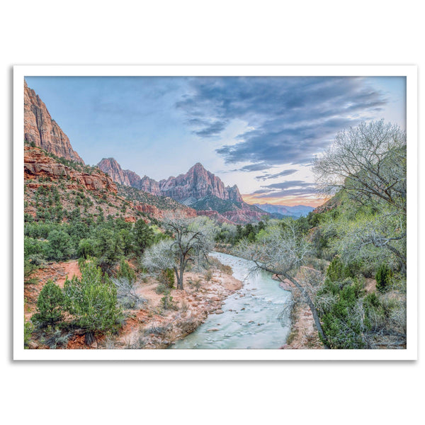 A framed fine art landscape photography print of Zion National Park showing a beautiful river, trees, and desert landscape with the backdrop of Zion mountain range. This Utah wall art is perfect for nature photography and desert art enthusiasts.