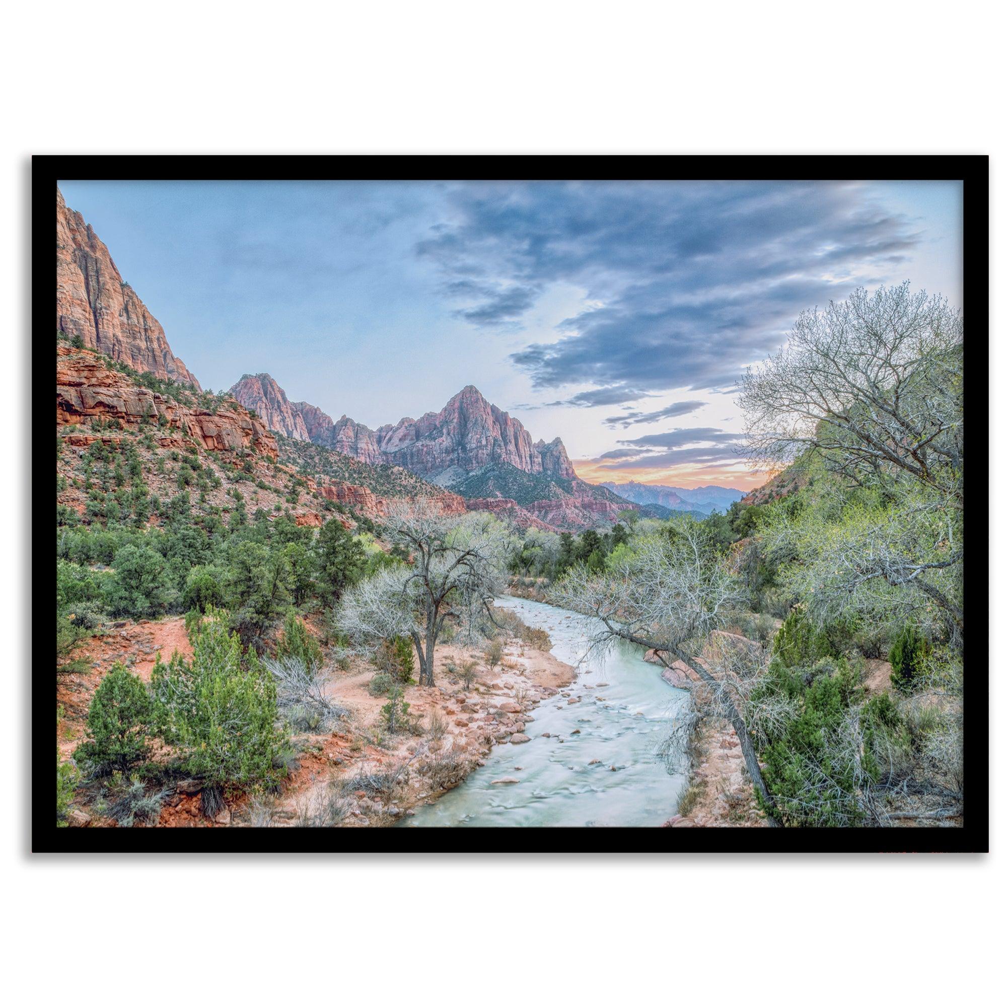 A framed fine art landscape photography print of Zion National Park showing a beautiful river, trees, and desert landscape with the backdrop of Zion mountain range. This Utah wall art is perfect for nature photography and desert art enthusiasts.