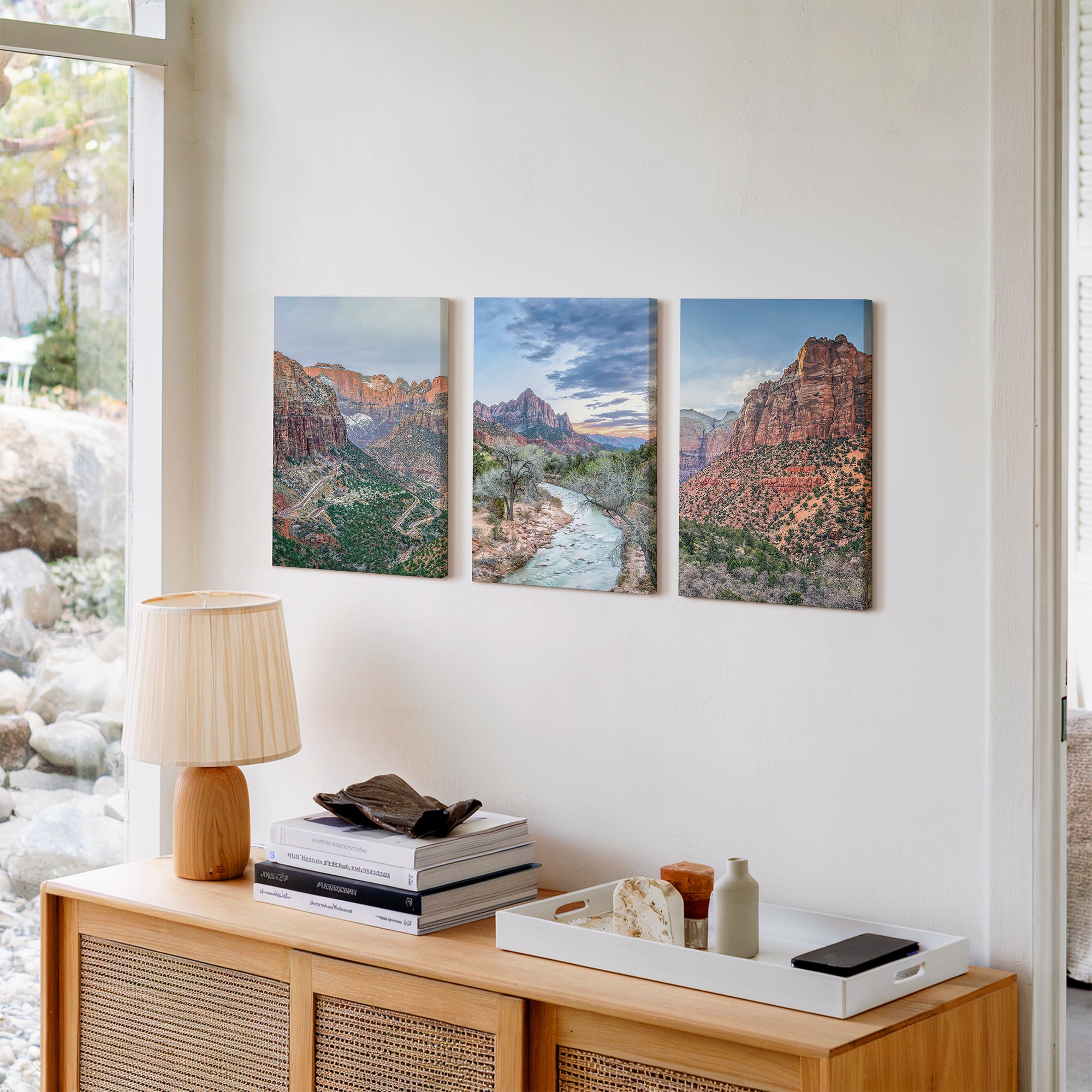 Zion wall art set featuring three color prints of Zion National Park landscapes, available framed or on canvas.