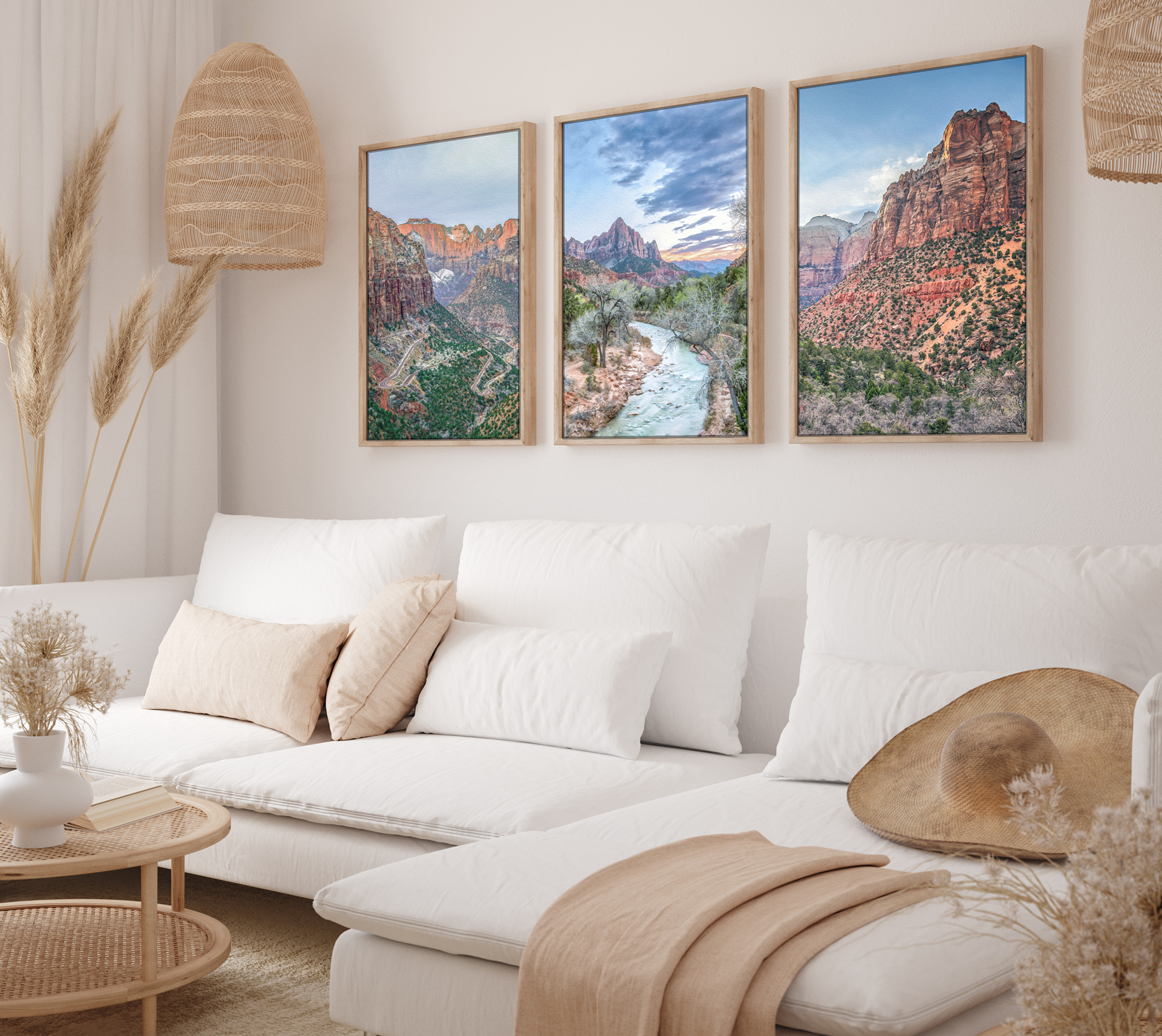 Zion wall art set featuring three color prints of Zion National Park landscapes, available framed or on canvas.