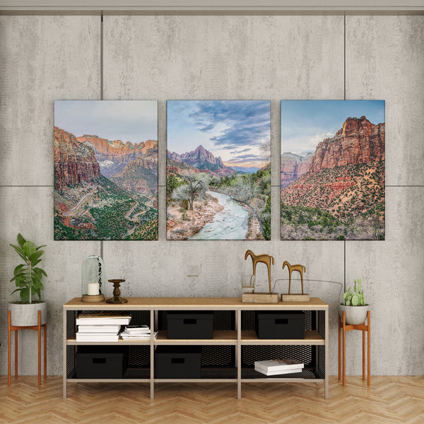 Zion wall art set featuring three color prints of Zion National Park landscapes, available framed or on canvas.