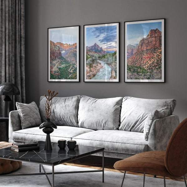 Zion wall art set featuring black and white photography of Zion National Park’s cliffs and Virgin River