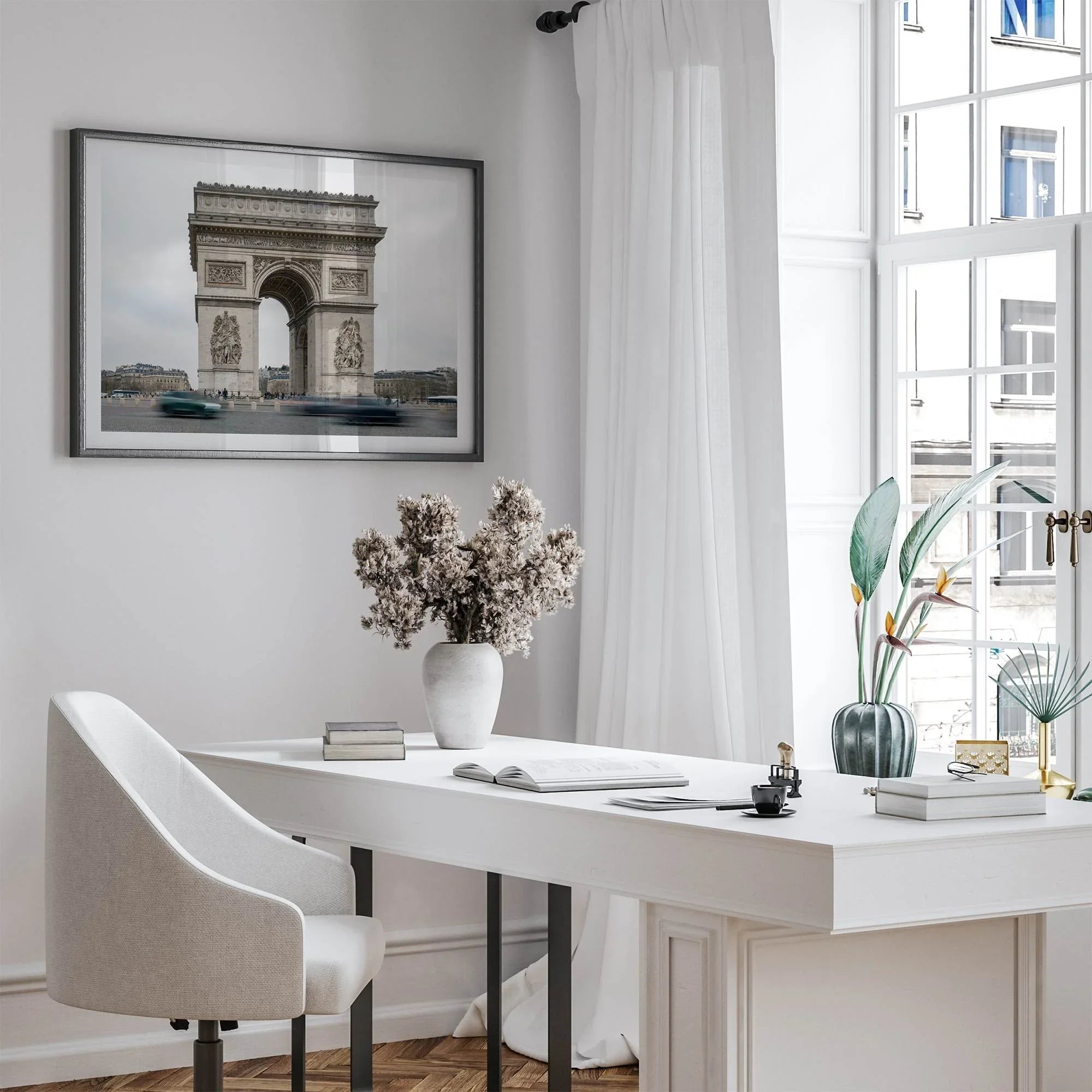 French wall art featuring Arc de Triomphe in Paris, neutral tones