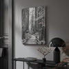 Black and white large forest canvas wall art depicting a California redwood pathway, with towering trees in Muir Woods.