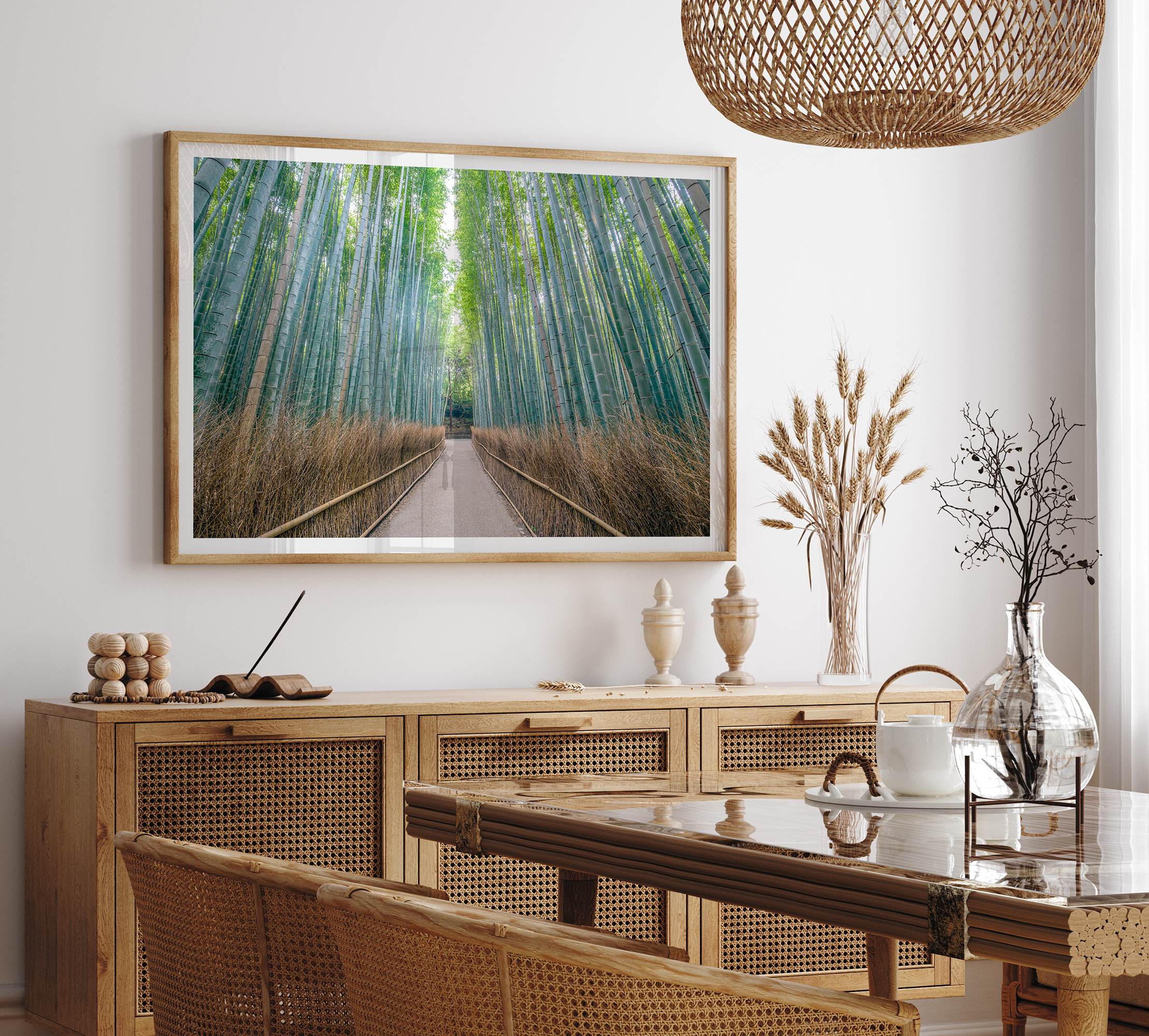 Bamboo Forest Photo wall art featuring misty path in Kyoto’s Arashiyama grove
