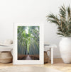 Vertical bamboo forest photograph from Arashiyama, tranquil path and glowing greens, premium bamboo wall art