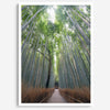 Vertical bamboo forest photograph from Arashiyama, tranquil path and glowing greens, premium bamboo wall art