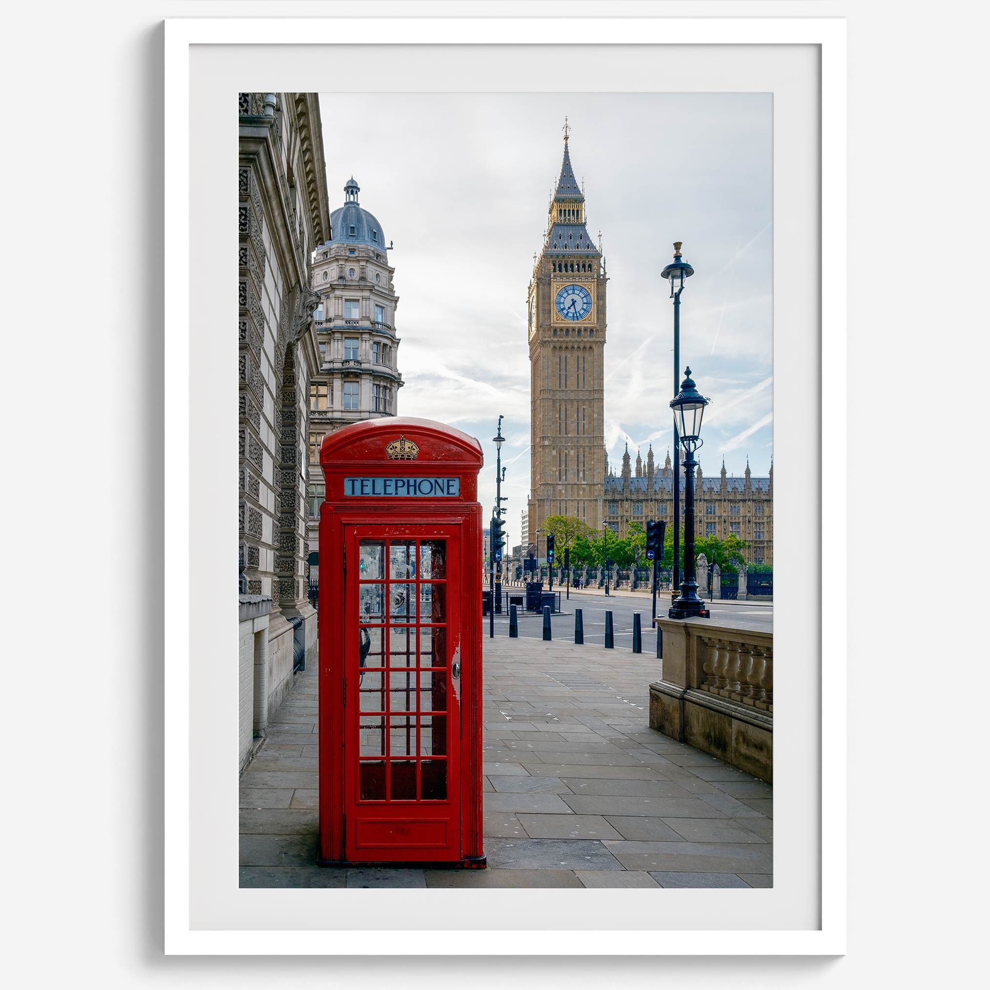 Big Ben wall art featuring London clock tower and red phone booth, fine art photography