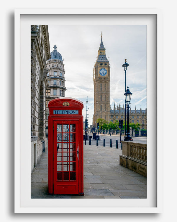 Big Ben wall art featuring London clock tower and red phone booth, fine art photography