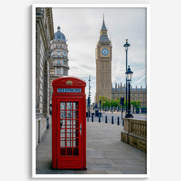 Big Ben wall art featuring London clock tower and red phone booth, fine art photography