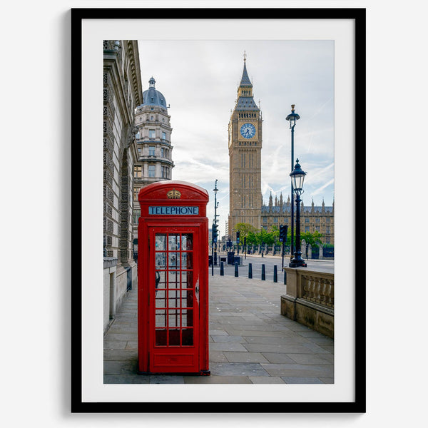 Big Ben wall art featuring London clock tower and red phone booth, fine art photography