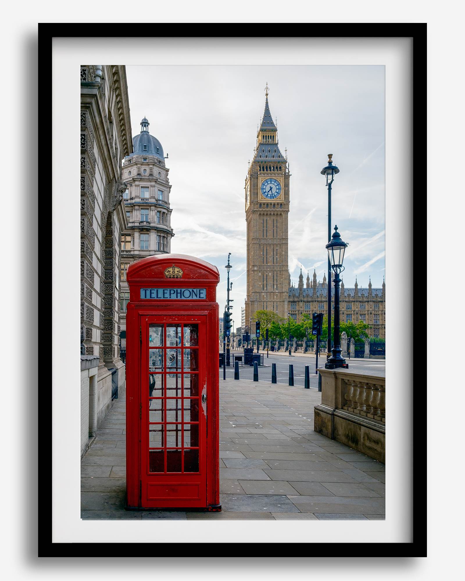 Big Ben wall art featuring London clock tower and red phone booth, fine art photography