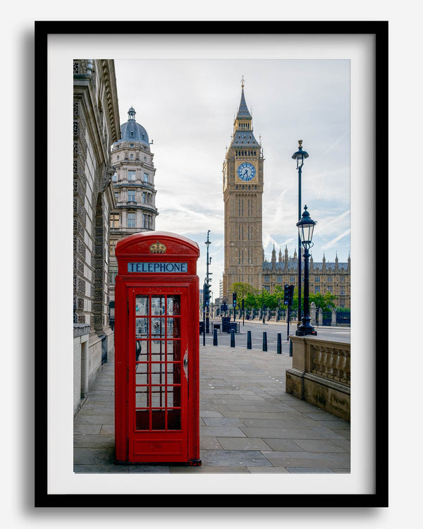 Big Ben wall art featuring London clock tower and red phone booth, fine art photography