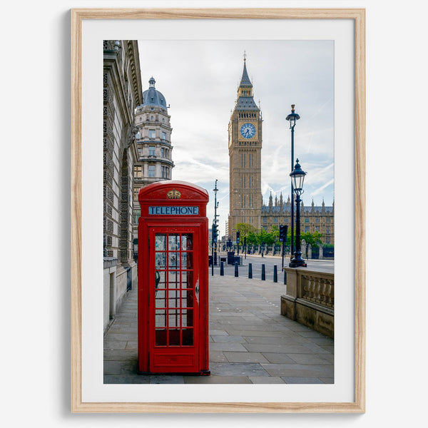 Big Ben wall art featuring London clock tower and red phone booth, fine art photography