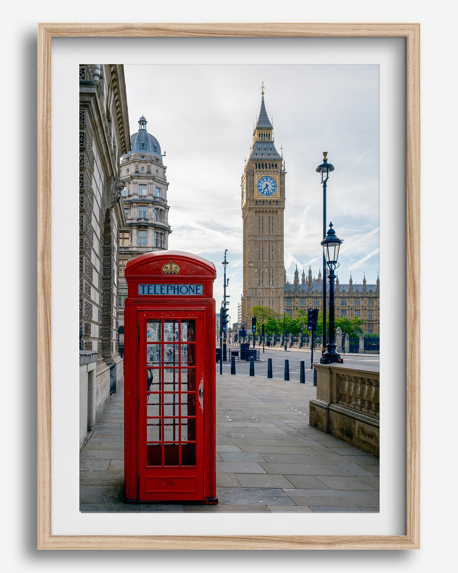 Big Ben wall art featuring London clock tower and red phone booth, fine art photography