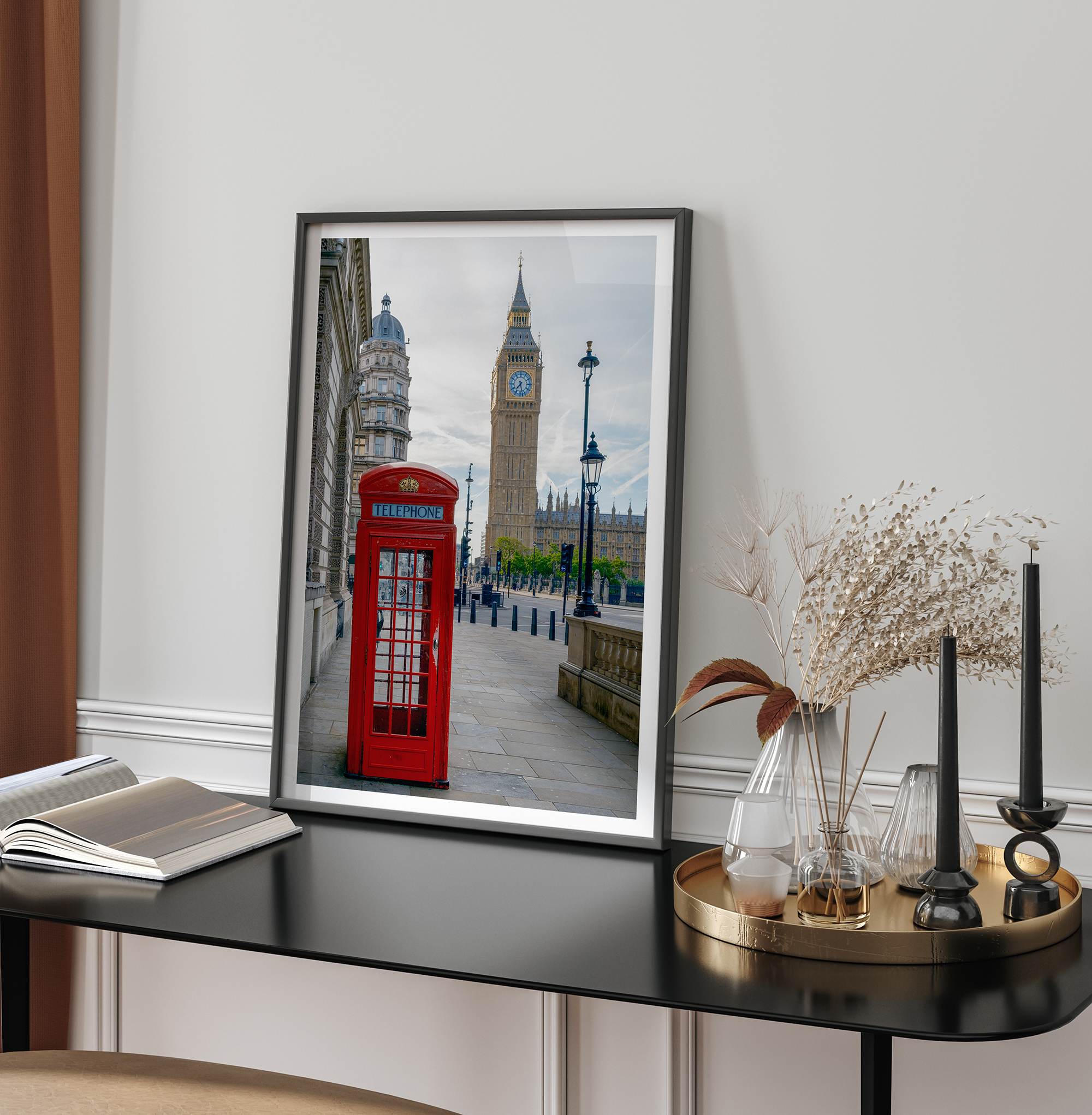 Big Ben wall art featuring London clock tower and red phone booth, fine art photography