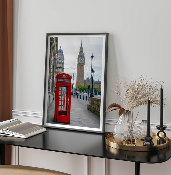 Big Ben wall art featuring London clock tower and red phone booth, fine art photography