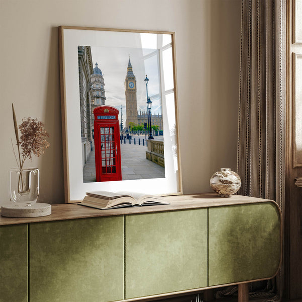 Big Ben wall art featuring London clock tower and red phone booth, fine art photography