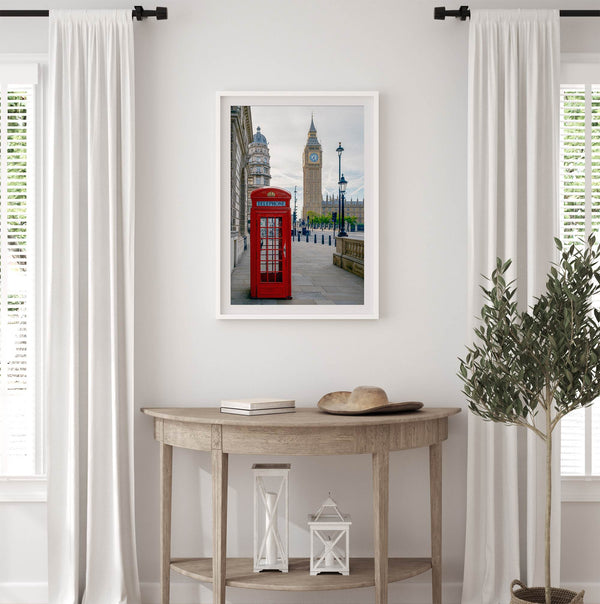 Big Ben wall art featuring London clock tower and red phone booth, fine art photography