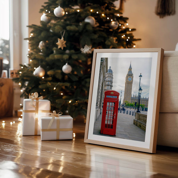 Big Ben wall art featuring London clock tower and red phone booth, fine art photography