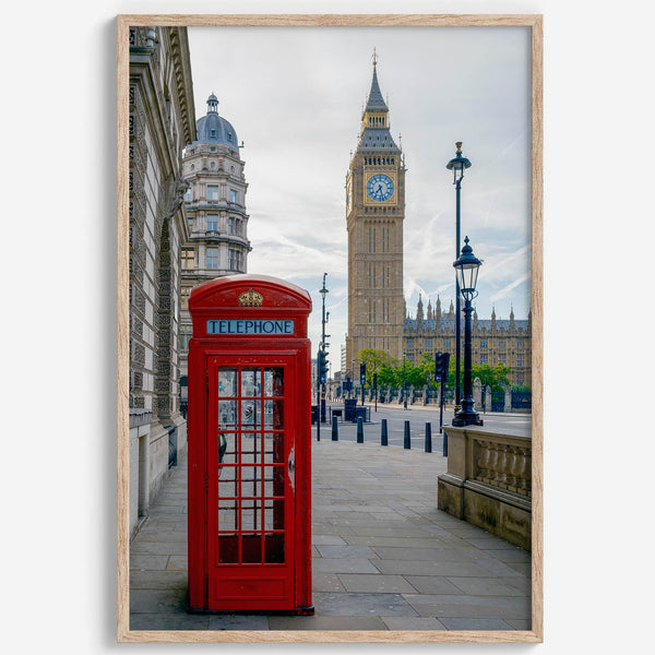 Big Ben wall art featuring London clock tower and red phone booth, fine art photography