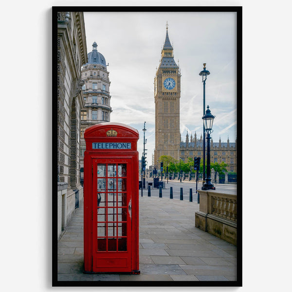 Big Ben wall art featuring London clock tower and red phone booth, fine art photography