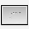 birds in flight wall art with airplane, framed black and white minimalist photography print on white wall.