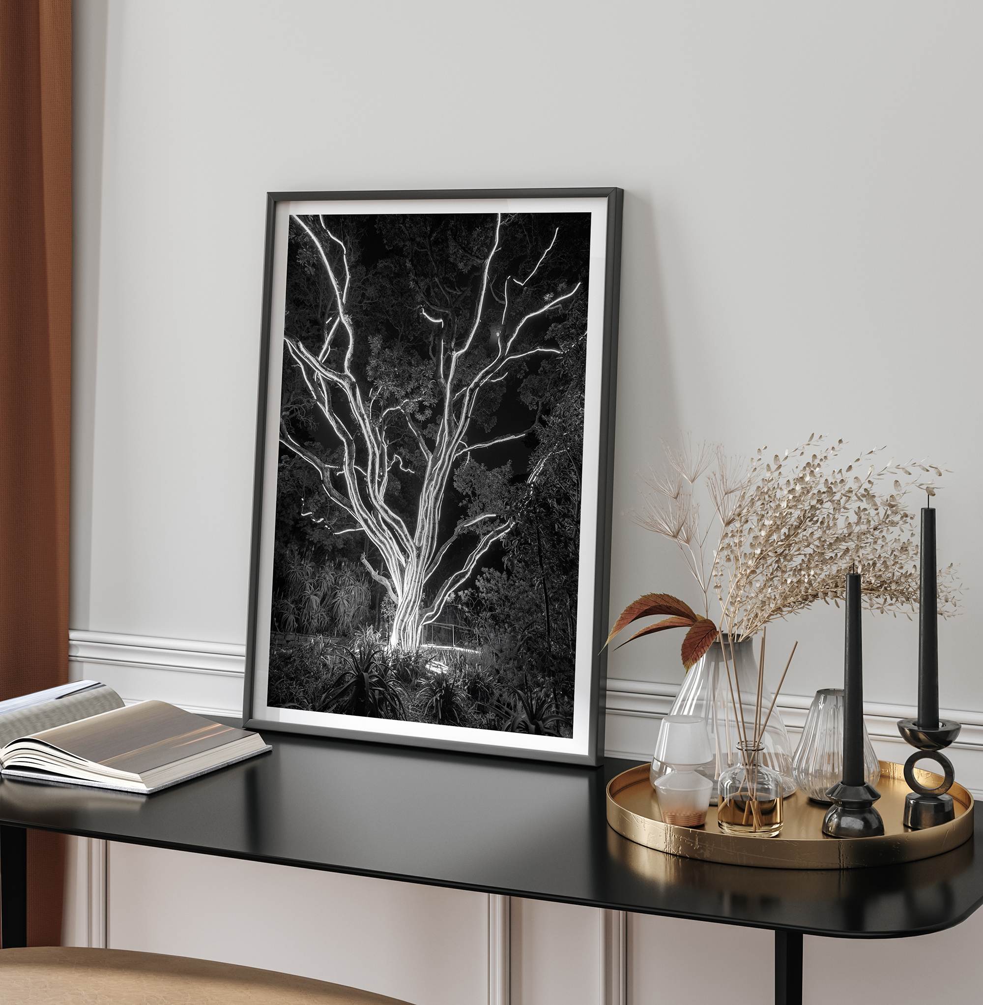 Black and white tree print, glowing night photography botanical wall art from botanical gardens in San Francisco