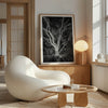 Black and white tree print, glowing night photography botanical wall art from botanical gardens in San Francisco