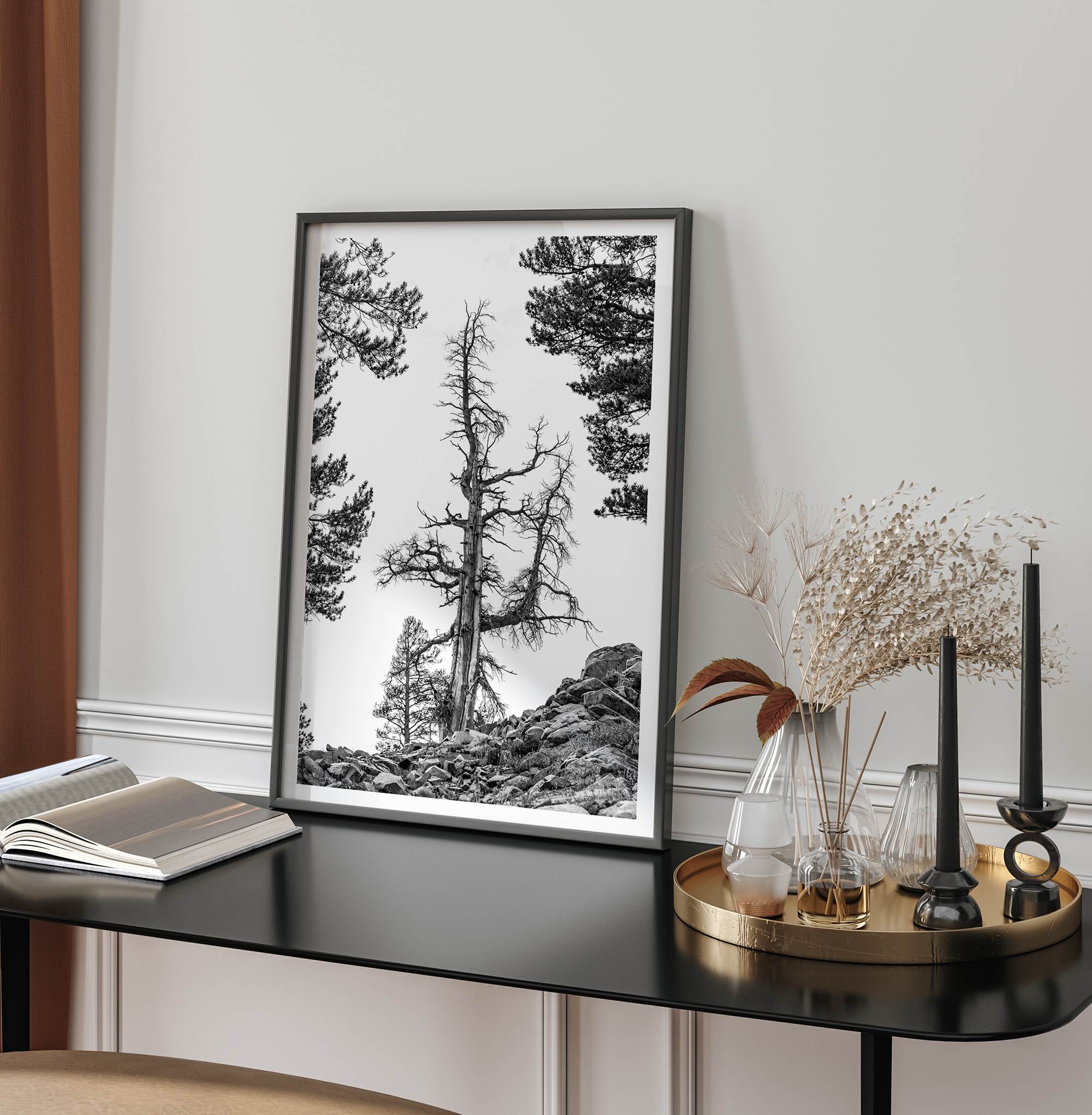 Black and white tree print in Hoover Wilderness with rocky hillside, modern neutral forest wall art photography.​