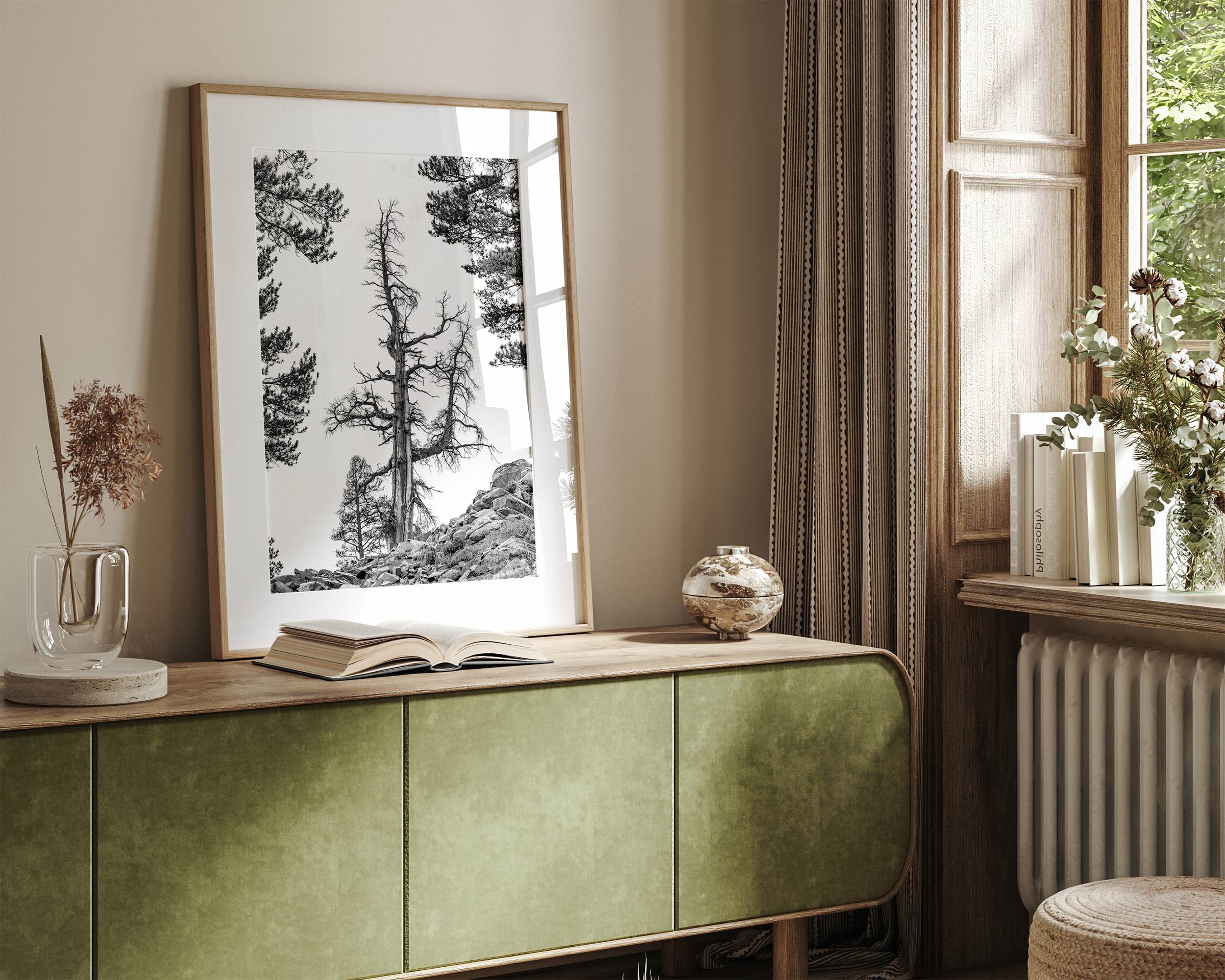 Black and white tree print in Hoover Wilderness with rocky hillside, modern neutral forest wall art photography.​