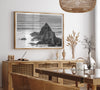 Black and white seascape wall art featuring minimalist  ocean waves and rugged coastal rock formations