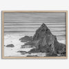 Black and white seascape wall art featuring minimalist  ocean waves and rugged coastal rock formations