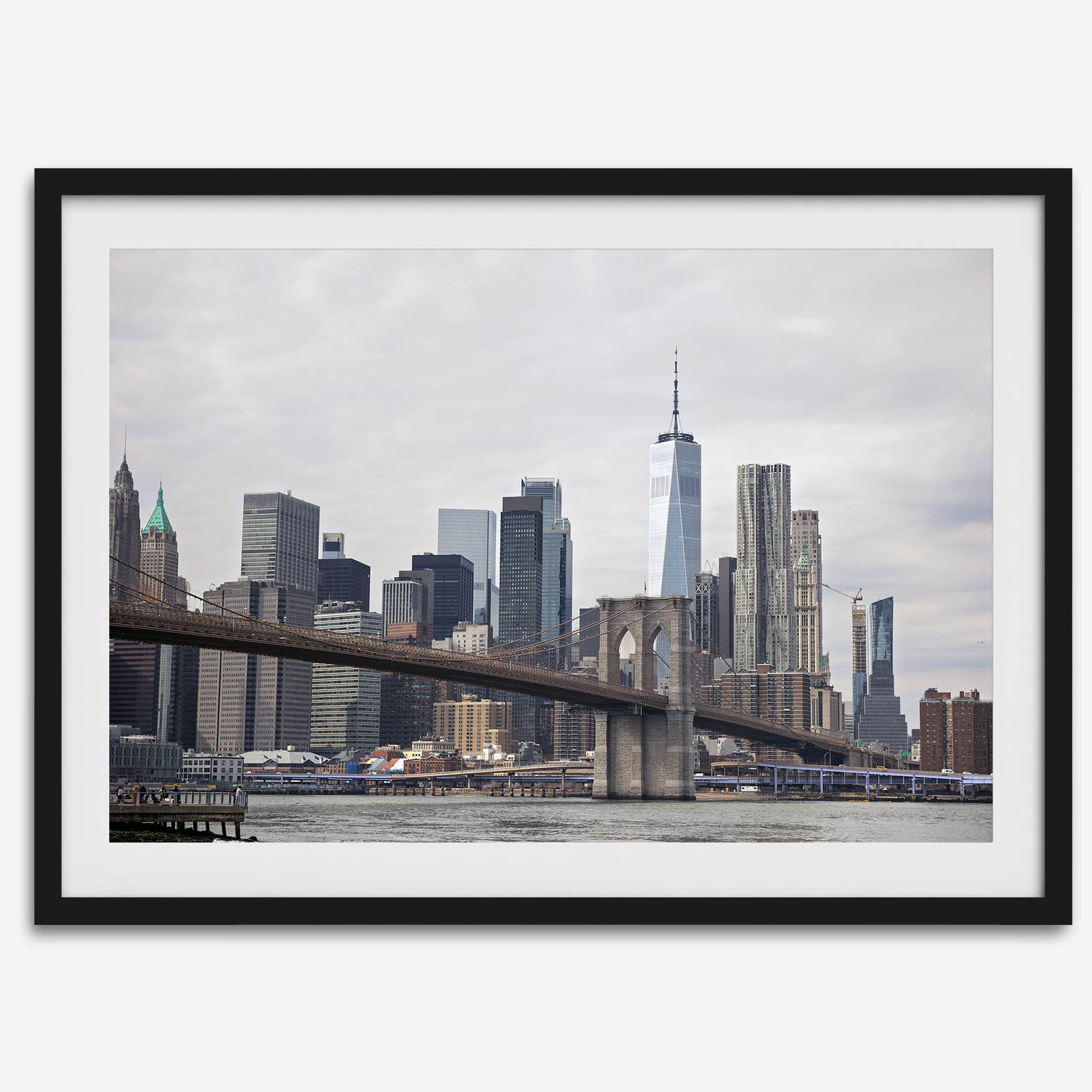 New York skyline print featuring Brooklyn Bridge, contemporary cityscape wall art.