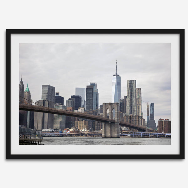 New York skyline print featuring Brooklyn Bridge, contemporary cityscape wall art.