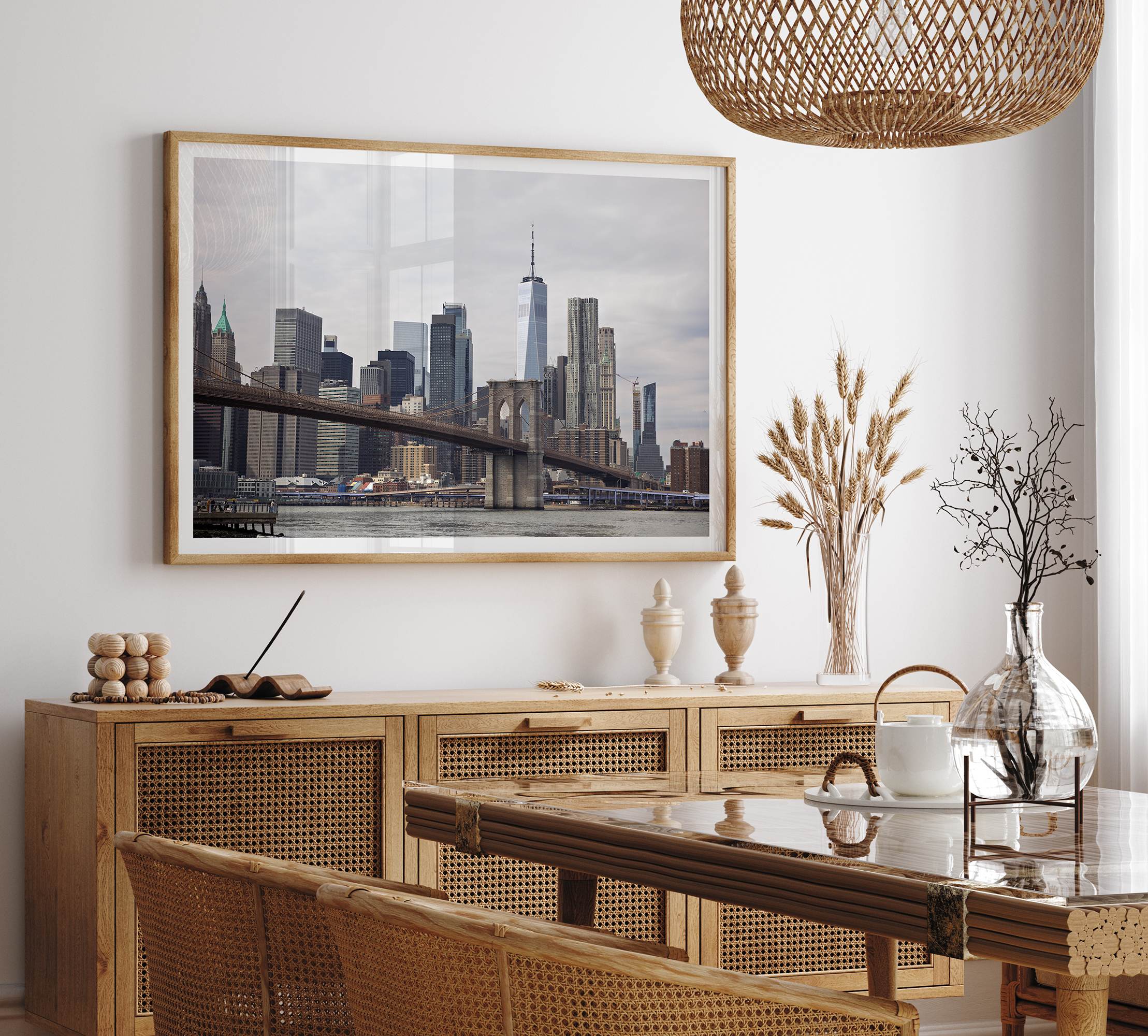 New York skyline print featuring Brooklyn Bridge, contemporary cityscape wall art.