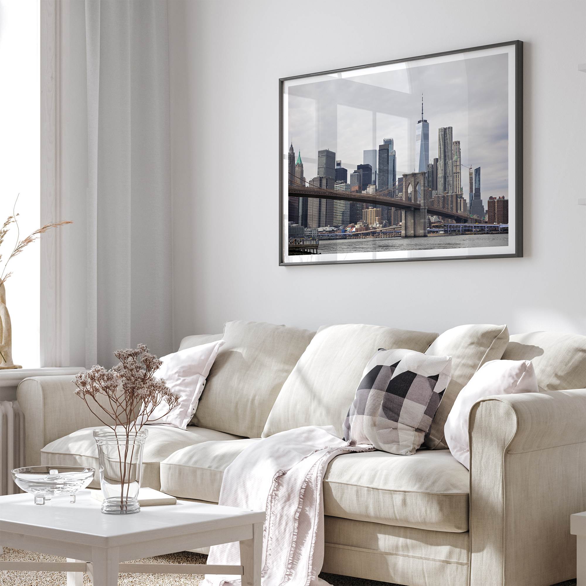 New York skyline print featuring Brooklyn Bridge, contemporary cityscape wall art.