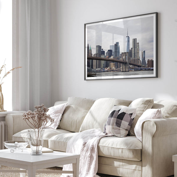 New York skyline print featuring Brooklyn Bridge, contemporary cityscape wall art.