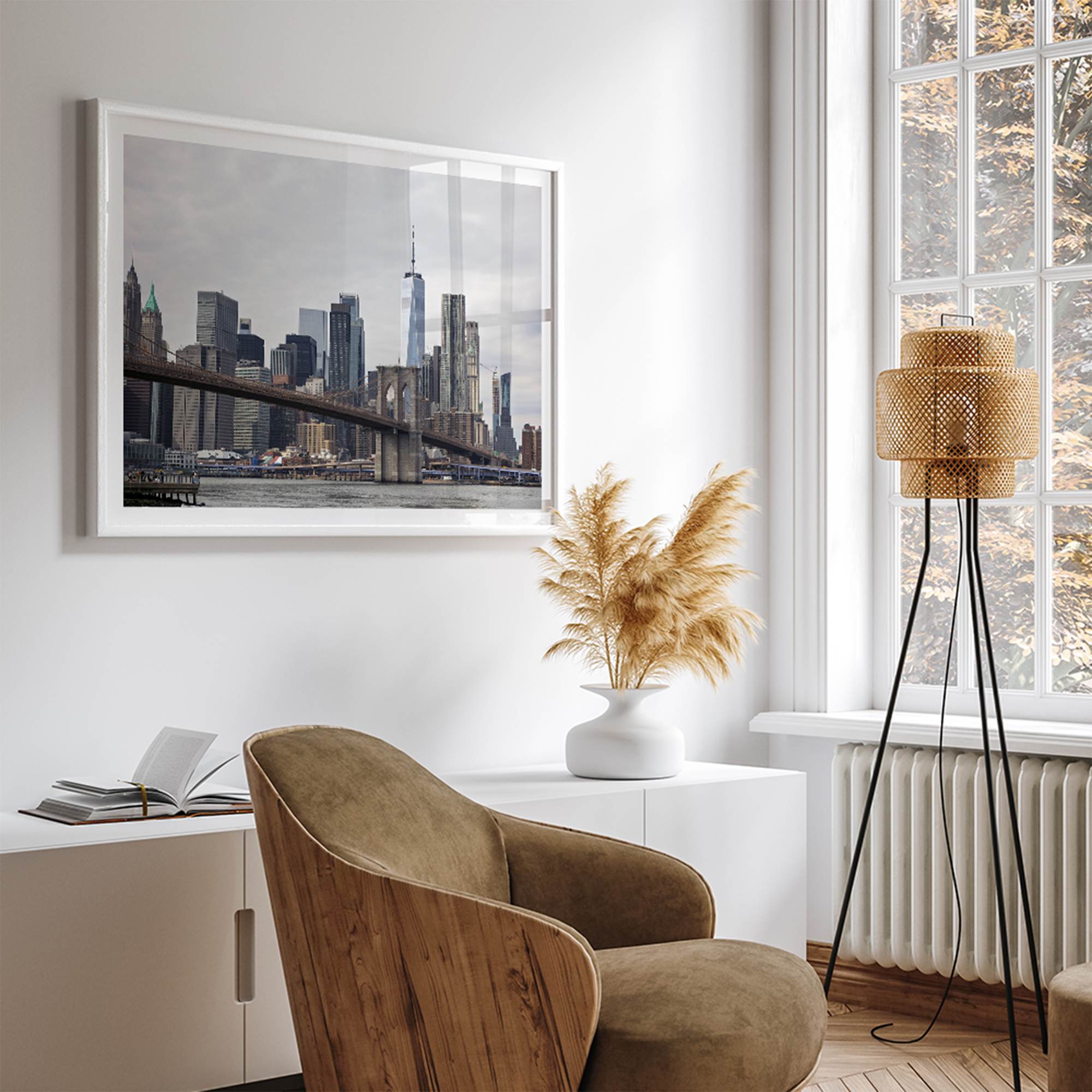 New York skyline print featuring Brooklyn Bridge, contemporary cityscape wall art.