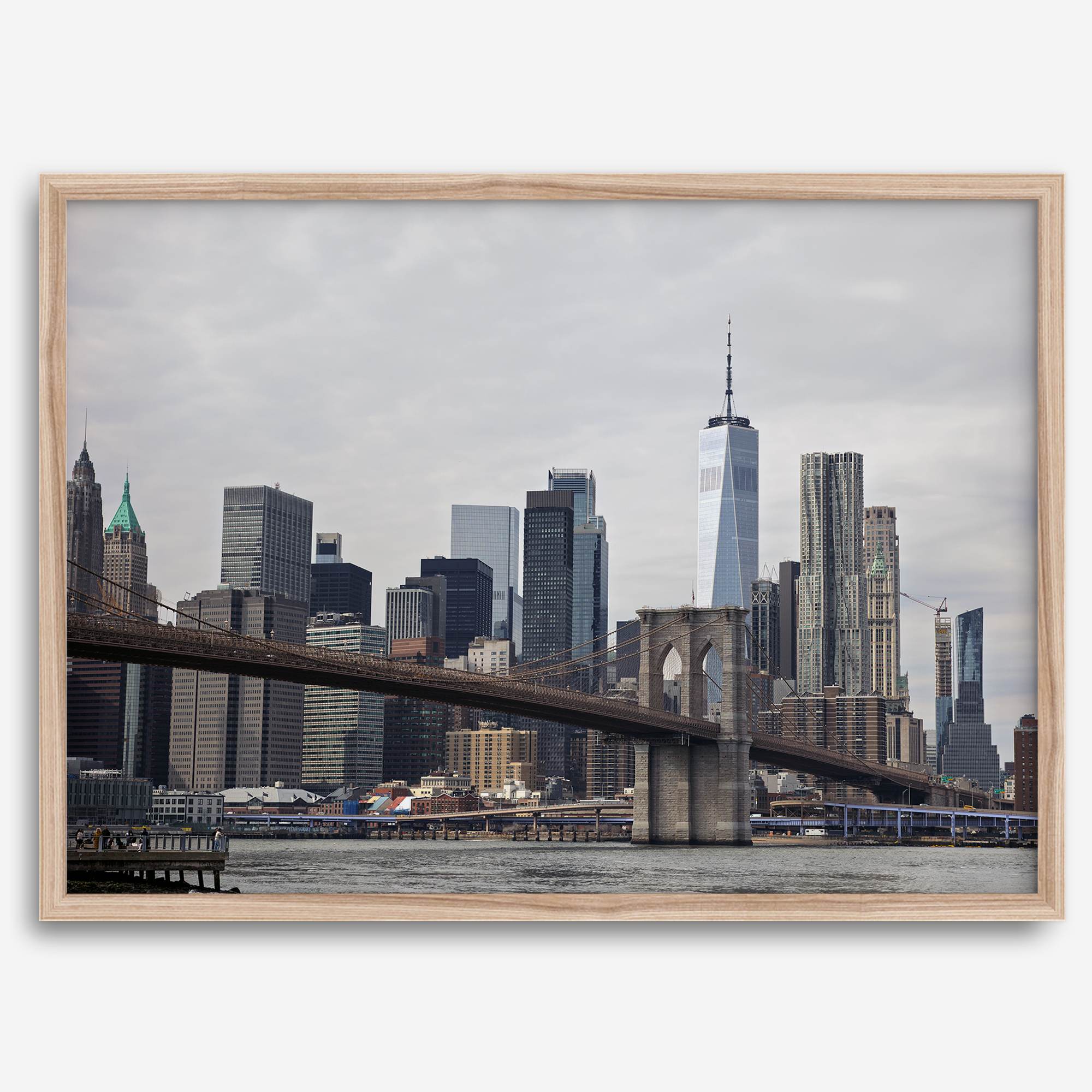 New York skyline print featuring Brooklyn Bridge, contemporary cityscape wall art.