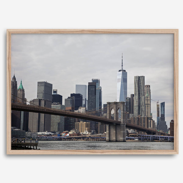 New York skyline print featuring Brooklyn Bridge, contemporary cityscape wall art.