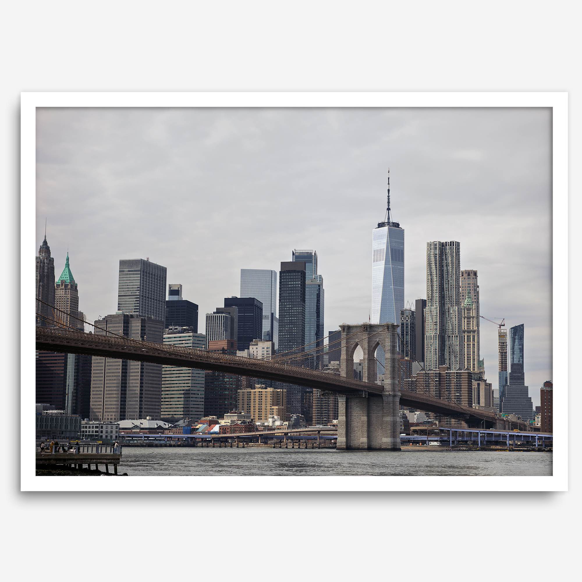 New York skyline print featuring Brooklyn Bridge, contemporary cityscape wall art.