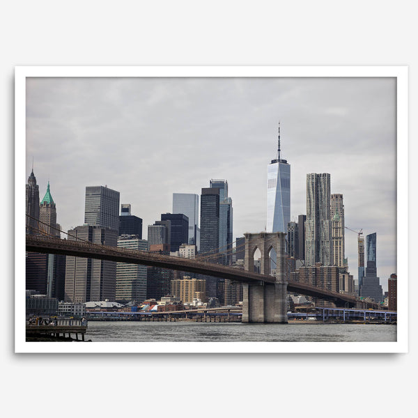 New York skyline print featuring Brooklyn Bridge, contemporary cityscape wall art.