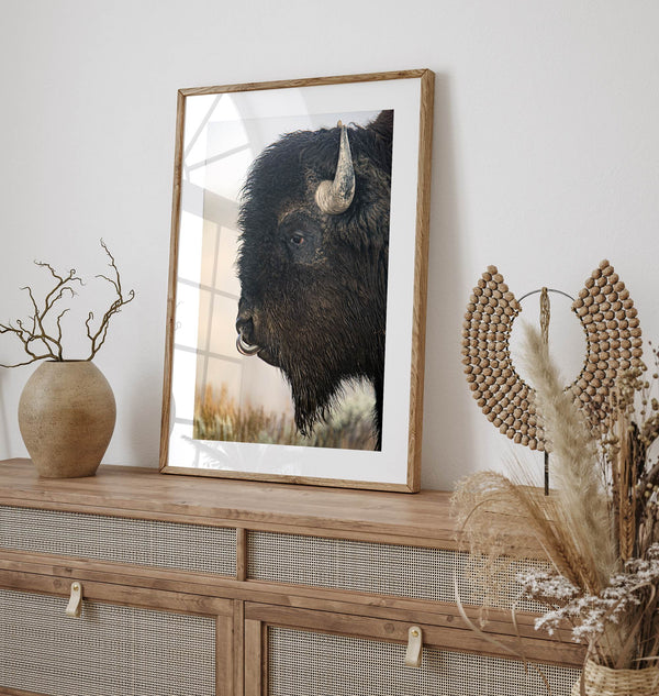 Fine art buffalo print from Yellowstone, showcasing earthy tones and western-inspired composition.