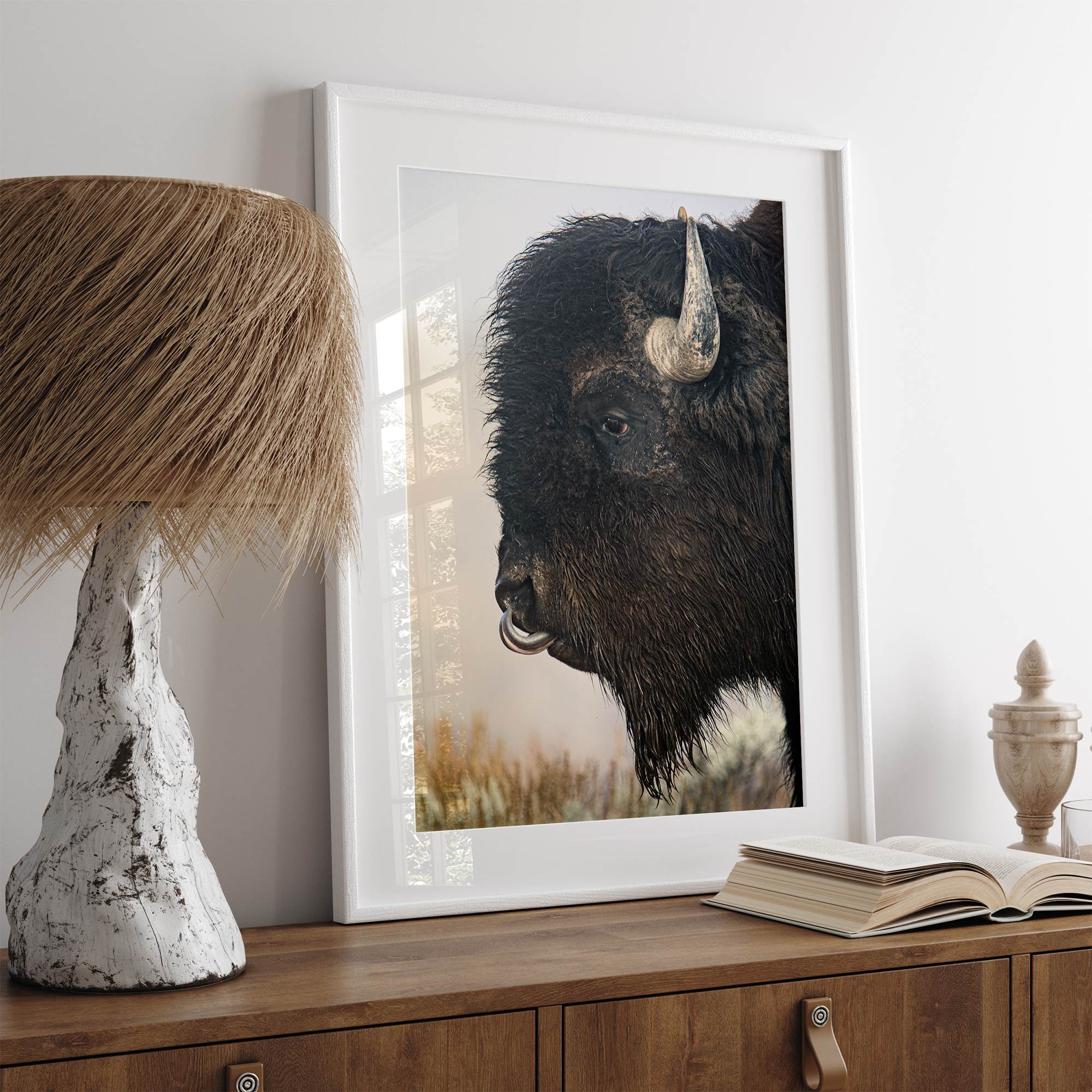 Fine art buffalo print from Yellowstone, showcasing earthy tones and western-inspired composition.