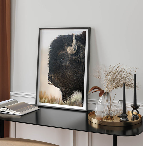 Fine art buffalo print from Yellowstone, showcasing earthy tones and western-inspired composition.