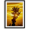 Silhouetted cactus against a vibrant yellow sunset in Joshua Tree National Park, capturing desert beauty.