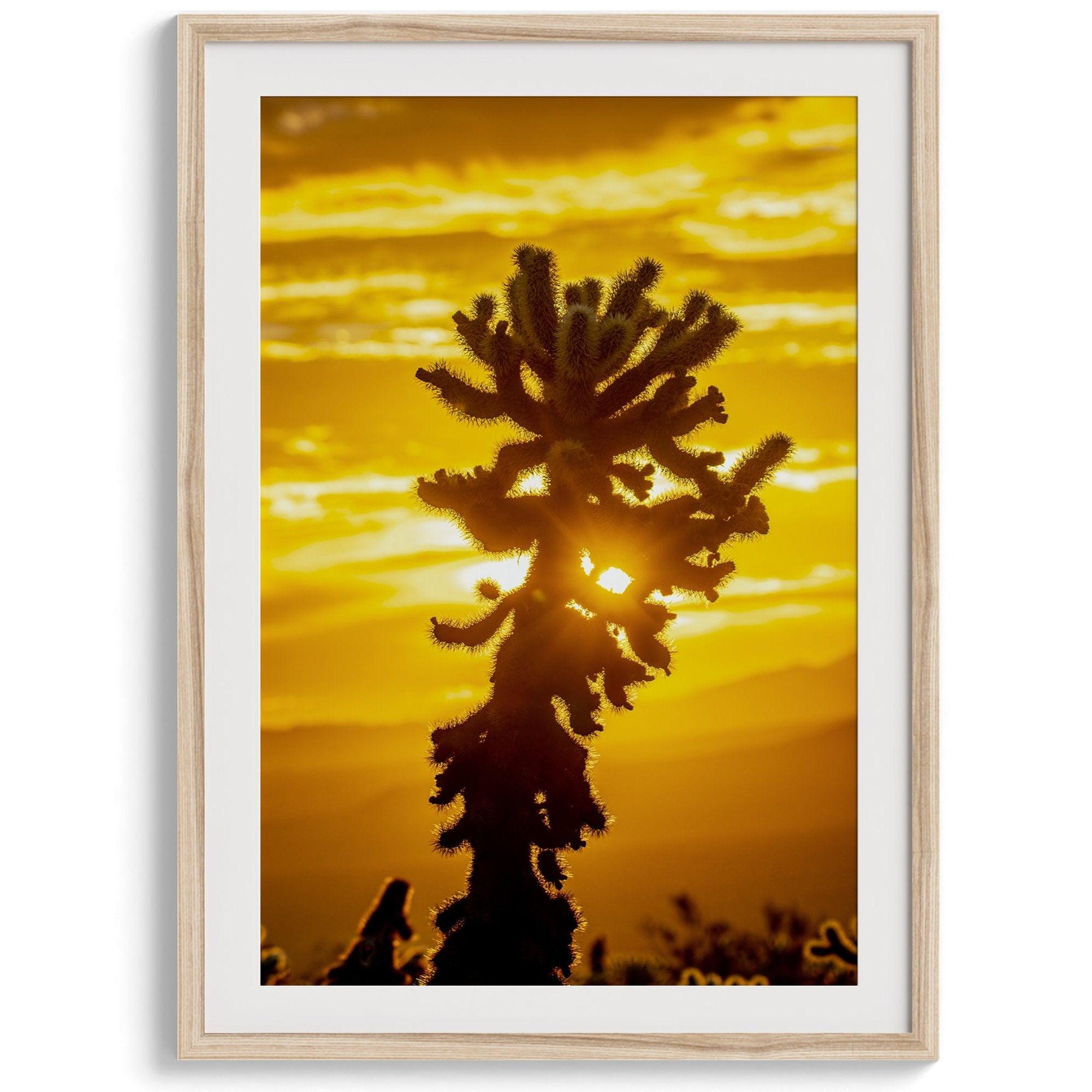 Silhouetted cactus against a vibrant yellow sunset in Joshua Tree National Park, capturing desert beauty.