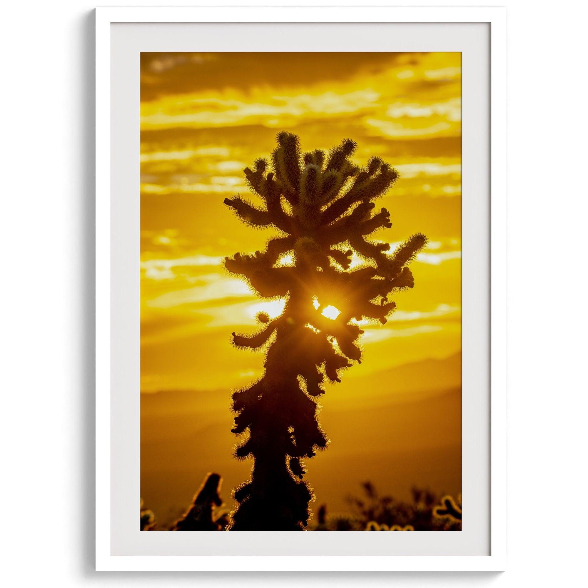 Silhouetted cactus against a vibrant yellow sunset in Joshua Tree National Park, capturing desert beauty.