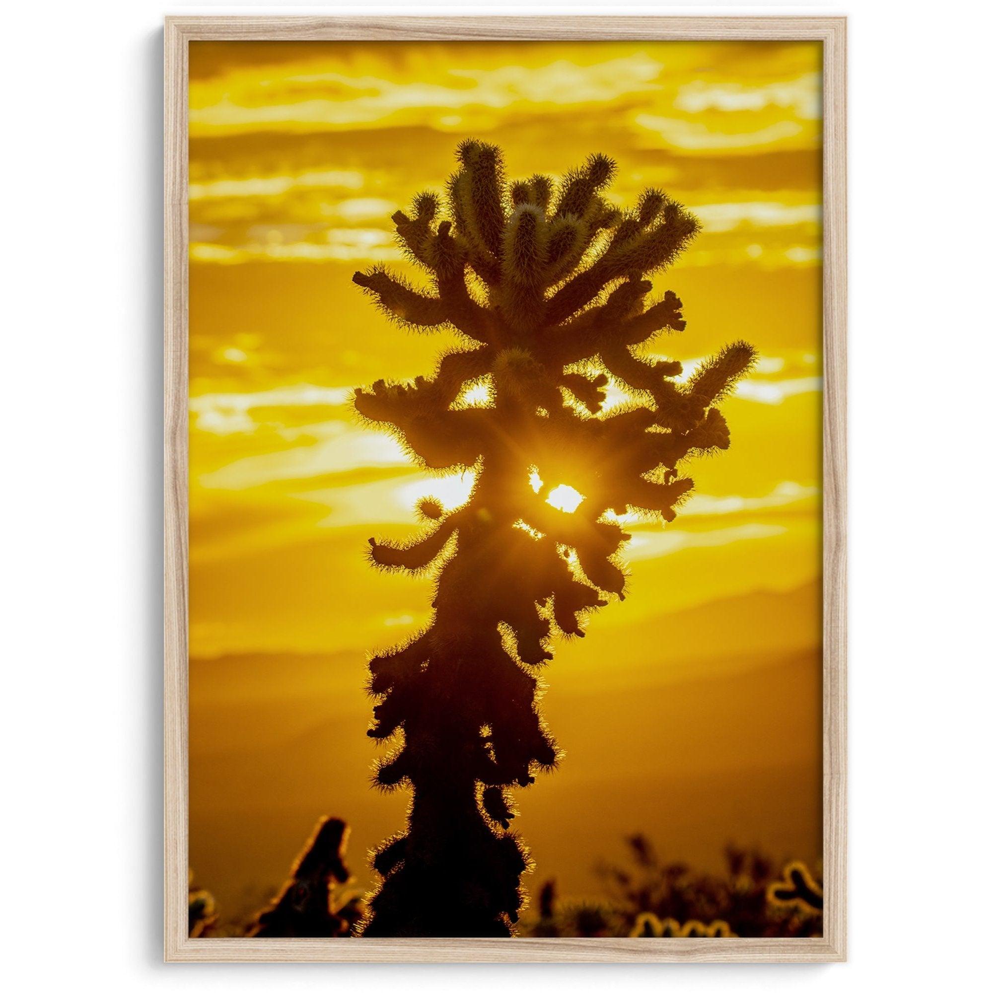 Silhouetted cactus against a vibrant yellow sunset in Joshua Tree National Park, capturing desert beauty.